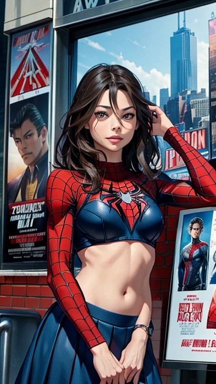 Kristin Kreuk、マーベルコミックの映画Poster、so beautiful、Movies about Spider-Man、sexy、whole body、Wearing a skirt、Premiere Date、Poster、belly buttonを突き出す、new york、She's wearing a ripped Spiderman suit、The suit is torn、Wearing a skirt、Red and black color scheme、dynamic、masterpiece、Highest quality、Super detailed、Very detailed、Delicate and beautiful shine、Ultra-high resolution、Cinematic、break、breakドロップ、(Torn clothes:1.5)、(Wet clothes:1.4)、Bare shoulders、Real Rain、Wet Hair、belly button、Exposed Skin、sexyな肩を披露