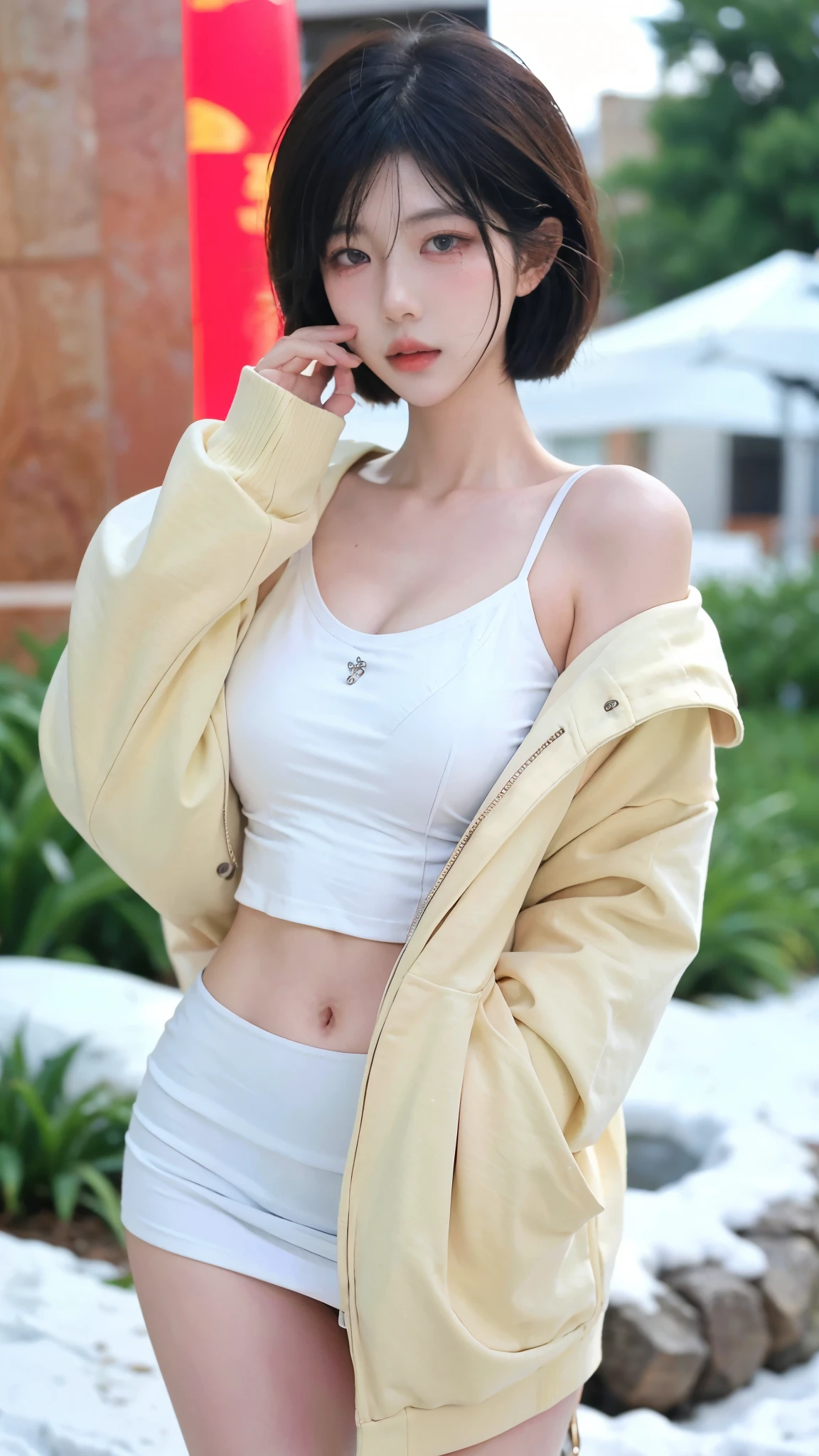 Beautiful woman with perfect figure:1.4，snow，Touching butt with both hands，snow背景，Layered Hairstyle，White skin，Prominent cleavage，Pleated Skirt，whole body，Very delicate face and skin texture，Double eyelids，Skin Whitening，Long white hair