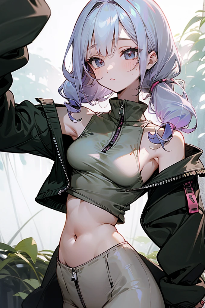 Slender beautiful girl、10th Generation、sleeveless shirt、athlete、Thin fabric tights、Belly button、A tighter zip-up shirt、Tight zip-up tracksuit、Curly Hair、Garden、Drawn eyes、Subtle details、目のハイライト