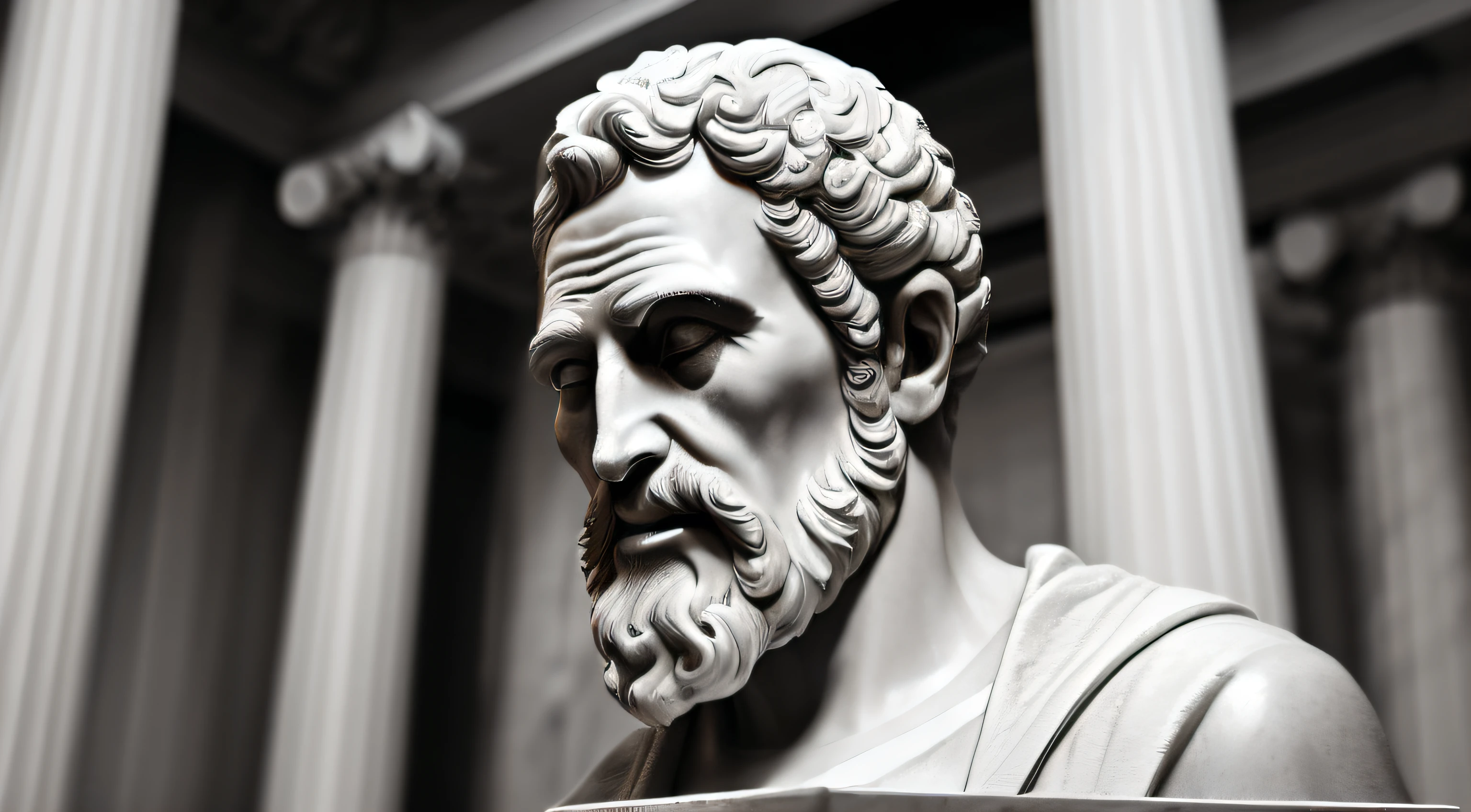 Epithet, Close-up of a wise classical Greek philosopher, Statue in a temple, Stoic posture, greek god, wisdom, cinematic feel, black andwhite, ultra realistic, ultra detailed and handcrafted in every aspect, tenebrosa