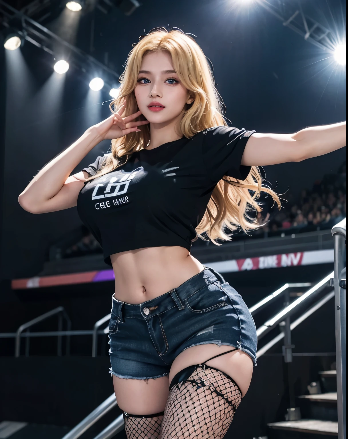 1girl, (Blue Eyes), (smiling :1.2), (Sana Minatozaki), (beautiful black makeup), wide hips, (big tits :1.2), (big ass), (Best Quality, 8k, Masterpiece: 1.3), Clear Focus: 1.2, Perfect Body Beauty: 1.4, (strong abs), Highly detailed face and skin texture, detailed eyes, double eyelids, red lips, (shiny skin :1.2), (long blonde hair :1.3), (black t-shirt), (short jeans :1.2), (fishnet stocking on one leg :1.3), standing, dynamic pose, in a stadium, on a stage, music concert, colored lights