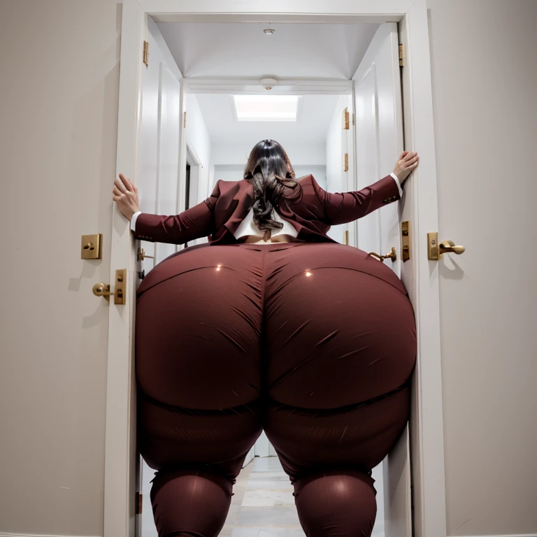 masterpiece, 1girl tall, fat, bottom heavy ssbbw british, 30 year old, behind a doorway, from behind, (doorstuck, stuckback:1.3), big belly, huge wide hips, massive butt,  thick thighs, colorful clothing, wearing a red suit and tie and formal pants, upset, she tries to wiggle her big body through the door, but the door is too small and she is stuck tight, she kicks and swings her legs back and forth in a panic, she is way too big and round to fit through,, she looks behind at the viewer politely asking for some help as she tries to pull herself out with all her might, she swings her hips desperately