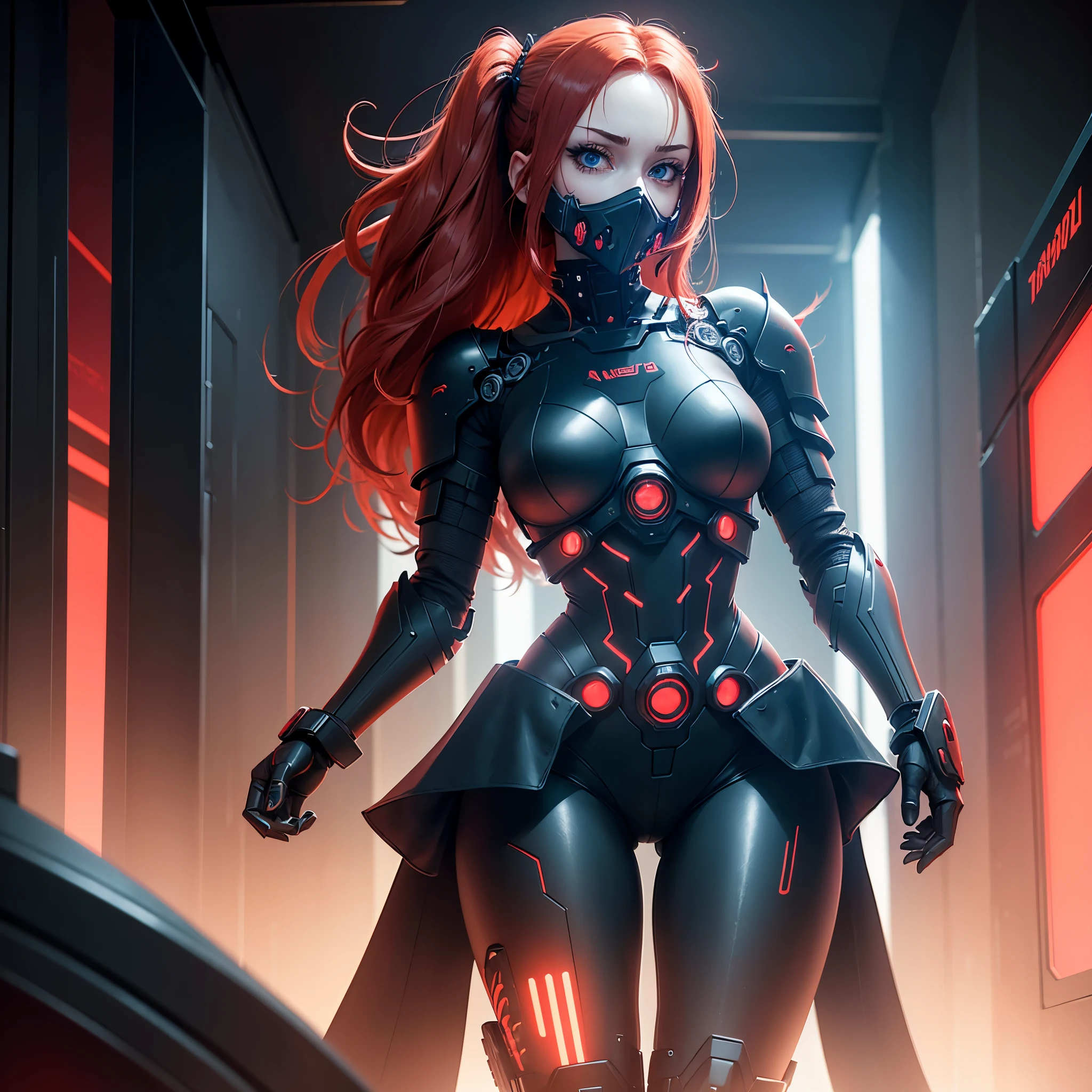 View from below, angle from below, flat horizon photo, Girl android , she has long red hair, she has a mask on her face, a respirator, a woman with sexy hips, half cyborg, technological modifications. Beautiful face, black metal cybernetic android robot body in black color, Large, wide hips, suit with red indicator lines with many red details, cybernetic armor with a red glow from under the joints and joints, she has blue eyes , frame with a flat horizon, Anime Style Photography , Red Lasers, black background Cyberpunk style, the camera films Her from below, lower angle of photography, black background image of a night black city and red neon lights, red lamps, red lighting, red flashes in the background