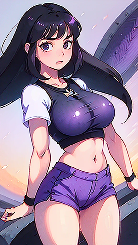 1990s, (masterpiece), high-definition, front view, detailed face, cute girl, perfect body, (big tits: 1.4) big hips, round ass, (black hair with dark purple highlights: 1.4), pleasure face: 1.4 sunset