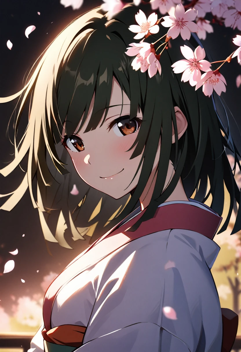 "1girl, sengoku nadeko, monogatari (series), key light from the side, portrait, dark background, masterpiece, best quality, absurdres, serene smile, cherry blossoms falling, traditional Japanese clothing"