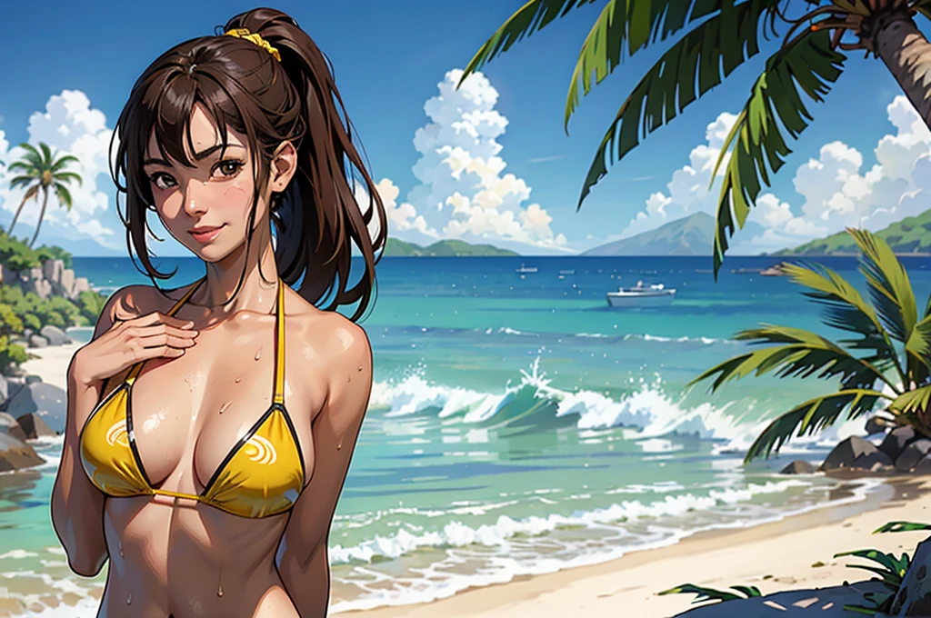 ((highest quality, masterpiece, High resolution)), ((reality)),Photos of beautiful Japanese women,((anime art))、 (((1 girl))), normal size breasts, slim body shape, long ponytail,double eyelid, Wet see-through micro bikini, A pareo with bold ethnic patterns and plenty of primary colors、(Brown skin:1.4),realistic skin、Wet,whole body,cinematic light、tropical、Against the background of palm trees on both sides、on a sunny beach、With the sea in the background、blur background、smile