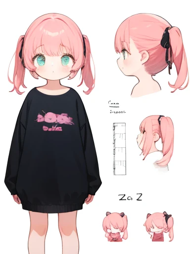 small girl, pink pigtails, (front view), fantasy setting, ((character sheet)), cozy oversized clothing 