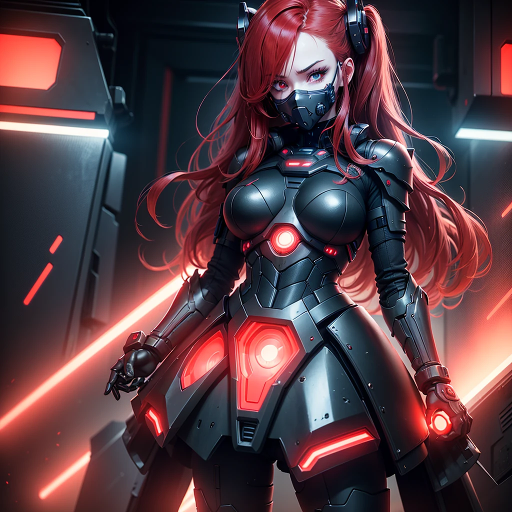 View from below, angle from below, flat horizon photo, Girl android , she has long red hair, she has a mask on her face, a respirator, a woman with sexy hips, half cyborg, technological modifications. Beautiful face, black metal cybernetic android robot body in black color, Large, wide hips, suit with red indicator lines with many red details, cybernetic armor with a red glow from under the joints and joints, she has blue eyes , frame with a flat horizon, Anime Style Photography , Red Lasers, black background Cyberpunk style, the camera films Her from below, lower angle of photography, black background image of a night black city and red neon lights, red lamps, red lighting, red flashes in the background