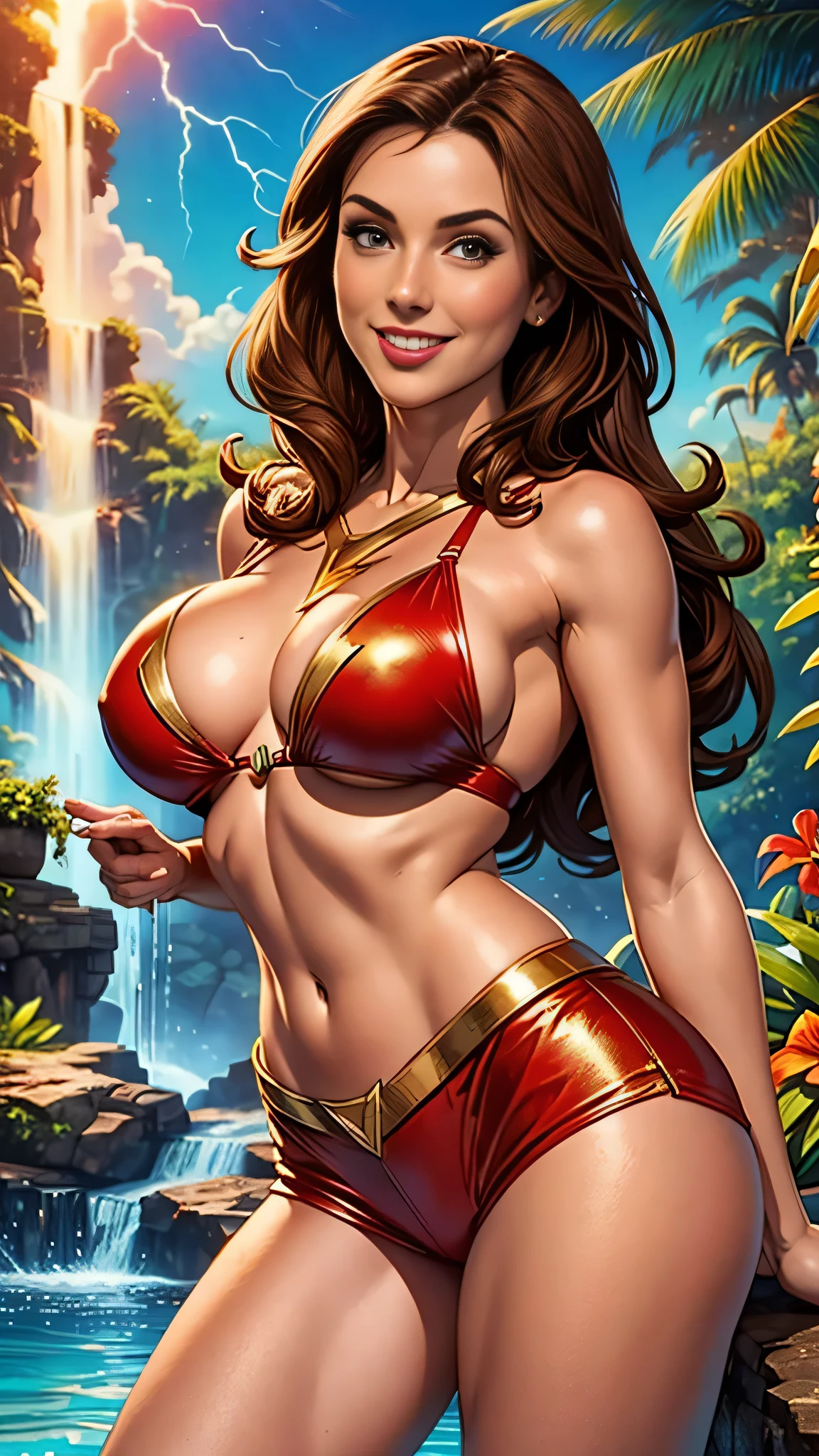 marvelous mary, chestnut hair, close up of breasts, slot machines,Lightning bolt RED and gold bikini top,red leather mini shorts, tropical waterfall location, ssmile,seductively pose
