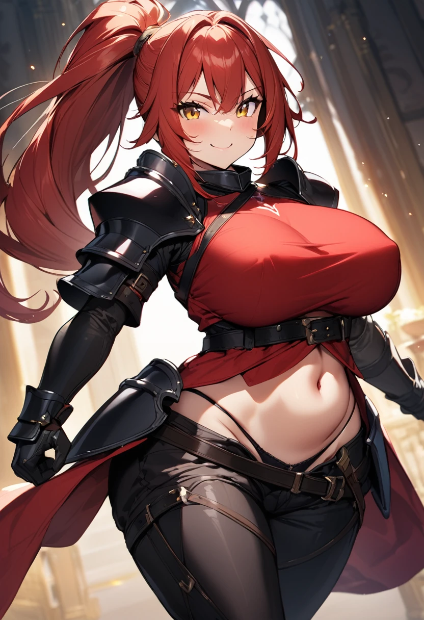 masterpiece,best quality, knight, long hair, red hair, ((Ponytail)), yellow eyes, perfect face, black armor,, ((exposed arm)), red_ornaments, red_tabard, , belt, ((big )), exposed belly, smiling, 1girl, strikes, Perfect face, thick thighs, ,add_detail:1, add_detail:0, add_detail:0.5,

