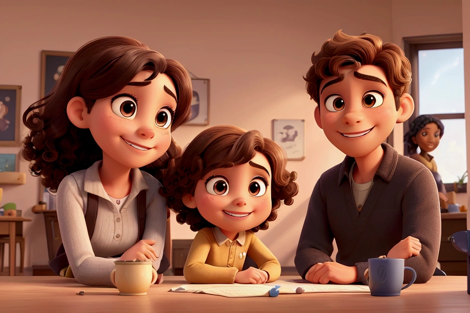 Illustration of a couple in their forties, And two beautiful girls, highlighting a man and a woman with beautiful expressive eyes - the man's skin is brown and the man's hair is military and black., While women's skin is brown and women's hair is curly and brown. It is a bright room, Daylight, all of them with a smile on their faces, The colors are so beautiful, share a special moment marked by love, ideas. Illustrate this scene from a perspective where they are facing the camera, Smile and show your connection. Develop this art in full HD, Focus on your cinematic touch, Disney Pixar animation style