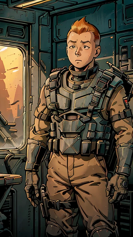 (Teens:1boy: Tintin), (extremely detailed CG unit 8k wallpaper),(master part), (best quality), (ultra detail), (best illustration),(melhor ombre), cowboy shot, (Sharp eyeliner, ombre, detail eyes:1), post apocalyptic interiors background, ,break , (starship troopers armor), upper body, short hair, dark orange hair