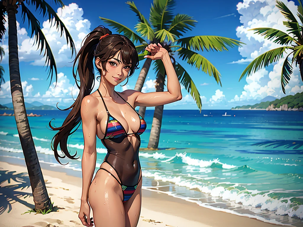 ((highest quality, masterpiece, High resolution)), ((reality)),Photos of beautiful Japanese women,((anime art))、 (((1 girl))), normal size breasts, slim body shape, long ponytail,double eyelid, Wet see-through micro bikini, A pareo with bold ethnic patterns and plenty of primary colors、(Brown skin:1.4),realistic skin、Wet,whole body,cinematic light、tropical、Against the background of palm trees on both sides、on a sunny beach、With the sea in the background、blur background、smile