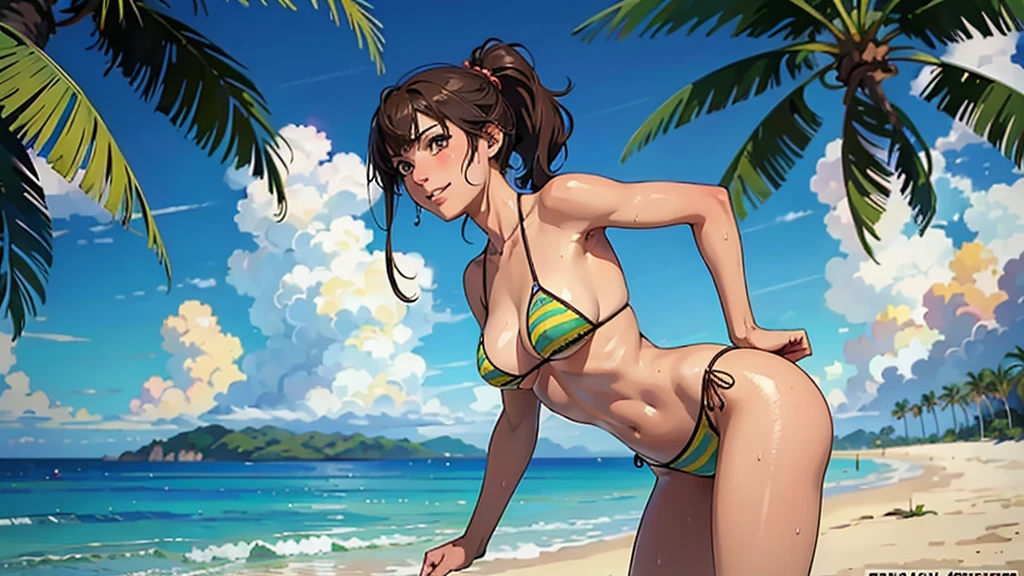 ((highest quality, masterpiece, High resolution)), ((reality)),Photos of beautiful Japanese women,((anime art))、 (((1 girl))), normal size breasts, slim body shape, long ponytail,double eyelid, Wet see-through micro bikini, A pareo with bold ethnic patterns and plenty of primary colors、(Brown skin:1.4),realistic skin、Wet,whole body,cinematic light、tropical、Against the background of palm trees on both sides、on a sunny beach、With the sea in the background、blur background、smile