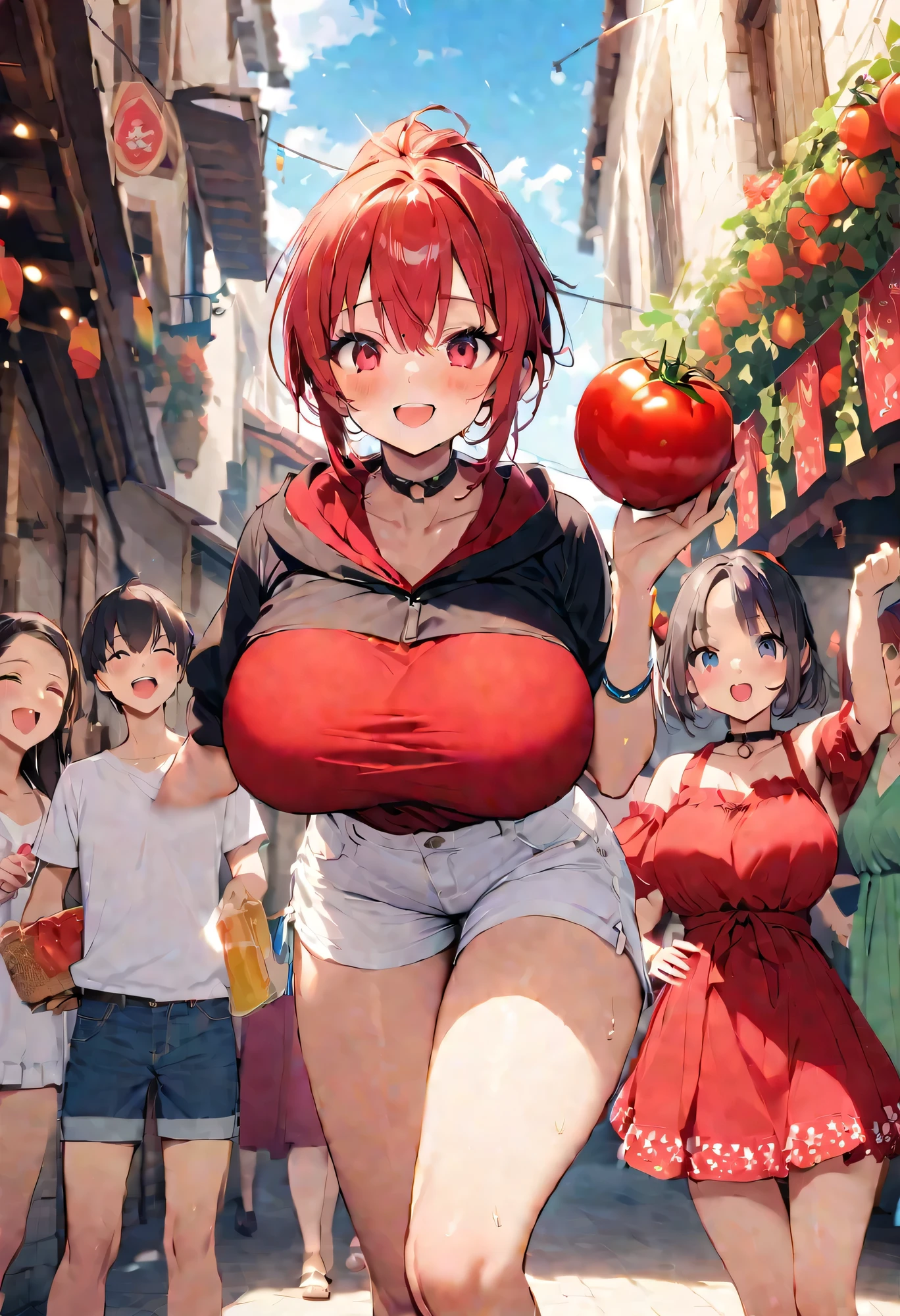 Highest quality、High resolution、Detailed Background、Beautiful face in every detail、age beauty、Highly detailed face、Huge breasts、Perfect body line、Light color hair、Bobcut、ponytail、Fun atmosphere、Spain、Festival、tomato、The Tomatina、donut、Summer Festival、tomatoFestival、Enthusiastic atmosphere、Excited、Under the summer sun、
(3人の少女たちがtomatoFestivalに参加して思いっきりtomatoを投げ合い全身真っ赤に染まる:1.5)、
The whole town is dyed red with tomatoes、The whole town is covered with tomatoes、A sea of red、They are having fun throwing tomatoes at each other.、Lively、Tomato Rain降ってきた、bright red face、Sweat and smile、Covered in tomato、sense of exaltation、Tomato Rain、bright red face、cute