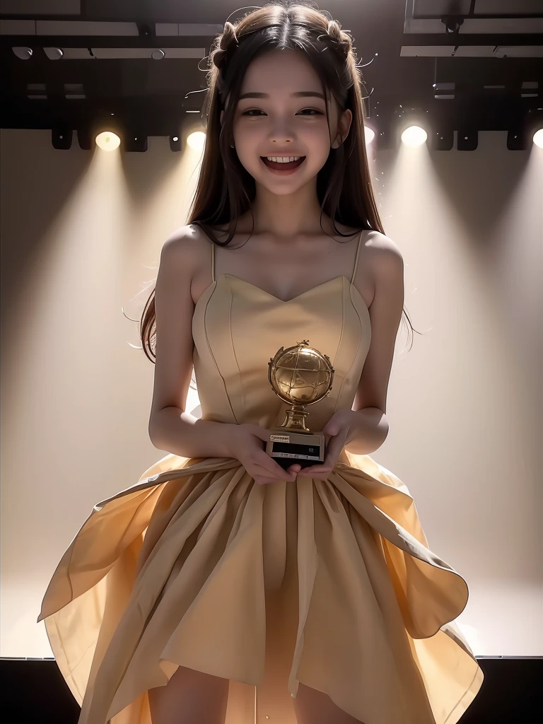 1 girl, face smiling, winning award moment, dressart, gold gown, hold golden award, open mouth wide and smile, normal size headcrying, high quality, 8k, masterpiece, high detailed, detailed face, medium close up shorr, on the stage, podium, microphone, cinematic ligthing, bokeh, spotlight, long hair, slim