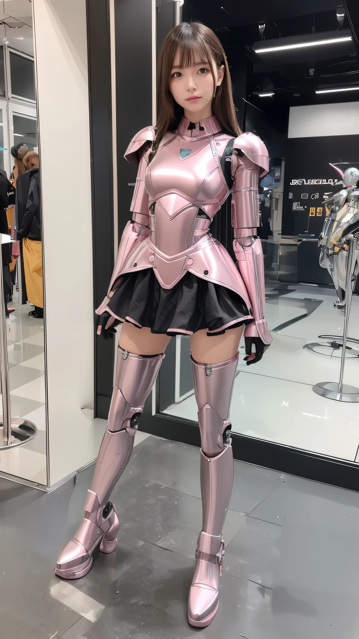 Robot Girl, pink, Silver, Metallic body, Robot Parts, Metal Parts, Super Detailed Face, Super well-formed face, of the highest quality, a small face, a small head, Brown hair, Slender body, Camera gaze, Internal Mechanical Exposure, Idol, front facing, Well-proportioned body, sale, Exhibited, Event Hall, Moe Pose, pink metallic Lolita dress machine armor, Standing with legs open, Model body type, sad, Embarrassing,(Perfect Robot Girl),(Perfect machine body)