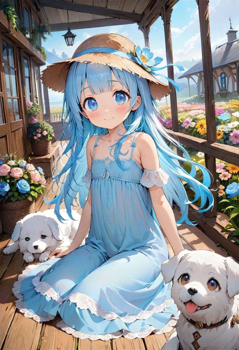 masterpiece, best quality, extremely detailed, (illustration, official art:1.1), 1 girl ,(((( light blue long hair)))), ,(((( light blue long hair)))),light blue hair, , long hair ((blush)) , cute face, big eyes, masterpiece, best quality,(((((a very delicate and beautiful girl))))),Amazing,beautiful detailed eyes,blunt bangs((((little delicate girl)))),(((tareme))),droopy eyes.(true beautiful:1.2), sense of depth,dynamic angle,,,, affectionate smile, (true beautiful:1.2),,(tiny 1girl model:1.2),)(flat chest),(((masterpiece))),(((best quality))),((ultra-detailed)),
cute,a flower house,two white dog,beauty,a girl wiht grass-hat,flowers,, veranda, very Cute clothes, a girl sitting on the veranda, 