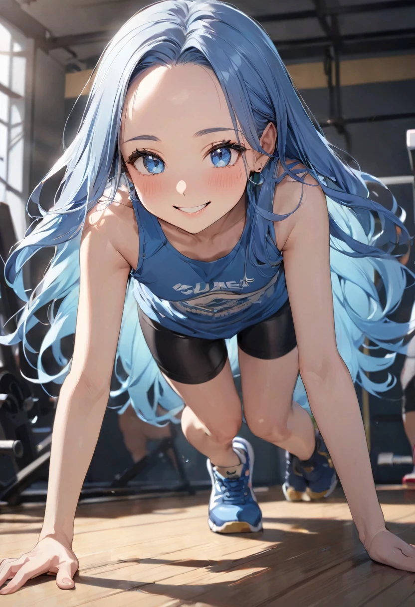 (Battle Festival style) ((beautiful frying and Handstanding)), (solo:2, 15 yo), (beautiful forehead), (beautiful detailed blue hair long hair), (best cute girl, immensely cute blue eyes, smile, small tits), in a tank top, hot pants, break, in the gym, BREAK, perfect anatomy, masterpiece, best quality, 16k, beautiful detailed grow, daydreaming expression.