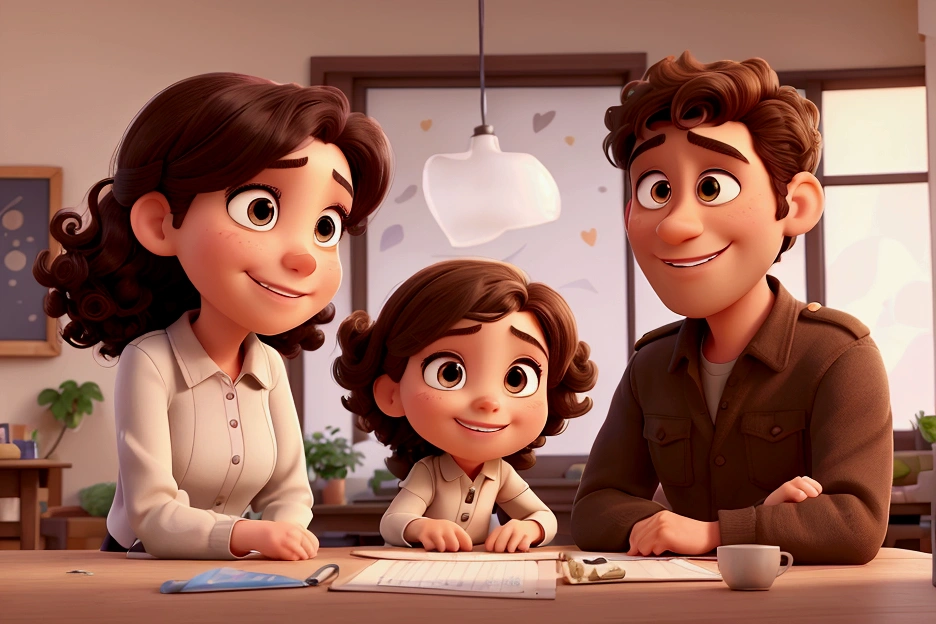 Illustration of a couple in their forties, And two beautiful girls, highlighting a man and a woman with beautiful expressive eyes - the man&#39;s skin is brown and the man&#39;s hair is military and black., While women&#39;s skin is brown and women&#39;s hair is curly and brown. It is a bright, white room, decorated with plants, Daylight, all of them with a smile on their faces, The colors are so beautiful, share a special moment marked by love, ideas. Illustrate this scene from a perspective where they are facing the camera, Smile and show your connection. Develop this art in full HD, Focus on your cinematic touch, Disney Pixar animation style