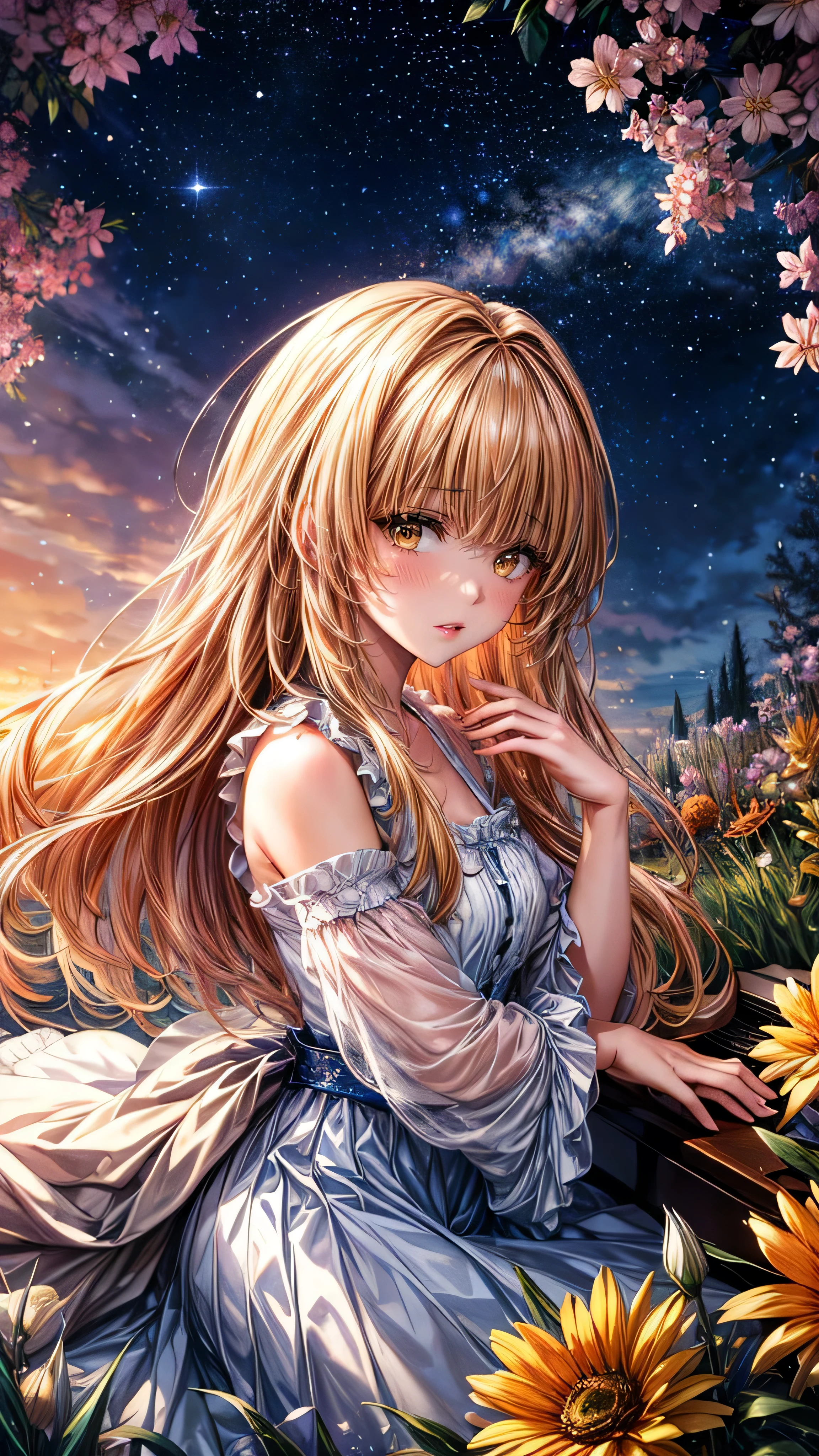 (((masterpiece)))、(((Highest quality)))、((Very detailed))、in the forest、Girl playing piano、play、Flowers Bloom、Calm、The light shines、Starry Sky、The wind is blowing、masterpiece,best quality,ultra detailed,high-resolution,8k portrait,unity 8k wallpaper,extremely detailed CG unity 8k wallpaper