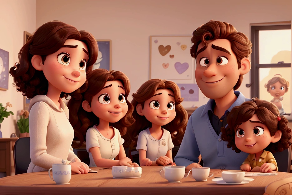 Illustration of a couple in their forties, And two beautiful girls, highlighting a man and a woman with beautiful expressive eyes - the man's skin is brown and the man's hair is military and black., While women's skin is brown and women's hair is curly and brown. It is a bright, white room, decorated with plants, Daylight, all of them with a smile on their faces, The colors are so beautiful, share a special moment marked by love, ideas. Illustrate this scene from a perspective where they are all facing the camera, Smile and show your connection. Develop this art in full HD, Focus on your cinematic touch, Disney Pixar animation style