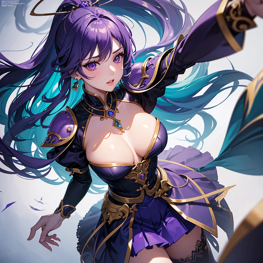 detailed portrait of a girl, hip-length wavy hair with purple, purple and turquoise tips, purple eyes, wearing a blue armor-like top and a blue silk-like ducktail style skirt with gold tones, sexy black knee-high stockings, heroine outfit with a necklace (best quality,4k,8k,high resolution,masterpiece:1. 2),ultra-detailed,(realistic,photorealistic,photo-realistic:1. 37), studio lighting, extremely detailed facial features, beautiful detailed eyes, beautiful detailed eyes, beautiful detailed lips, extremely detailed face, longeyelashes, blue skirt, blue top, anime style, vibrant colors, dramatic lighting, epic heroic pose
