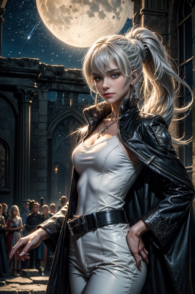 (masterpiece, best quality:1.2), cowboy shot, dynamic pose, weissvale, smile, closed mouth, looking at viewer, long white hair, side ponytail, scar above eye, scar below eye, white trouser suit, jewelry, necklace, earrings, future_urban, indoors, standing outside old church ruins, night, stars, moon, crowd, crowd wearing military uniform, (volumetric lighting), intricate details, tonemapping, sharp focus, hyper detailed