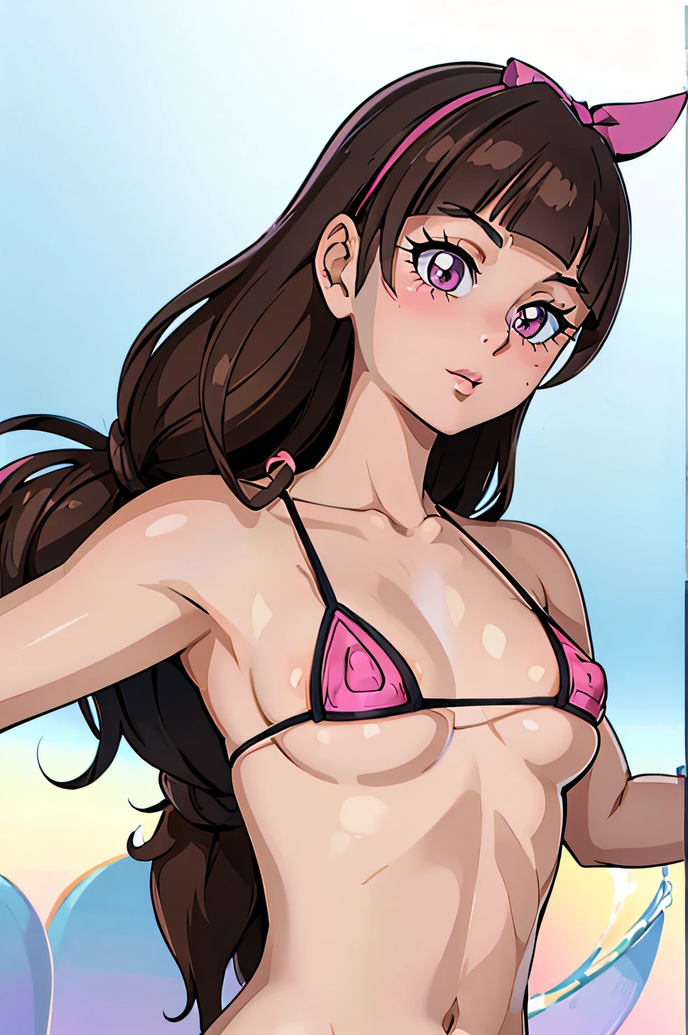 1 girl,(solo), ((amanogawaki)), (masterpiece:1.2), (high quality:1.0),looking at viewer, (Micro Bikini), (ultra detailed), (Front View), seductive pose , Adolescent, Armpit, Headband, Blushing, (((low angle view))), (Upper Body Only)