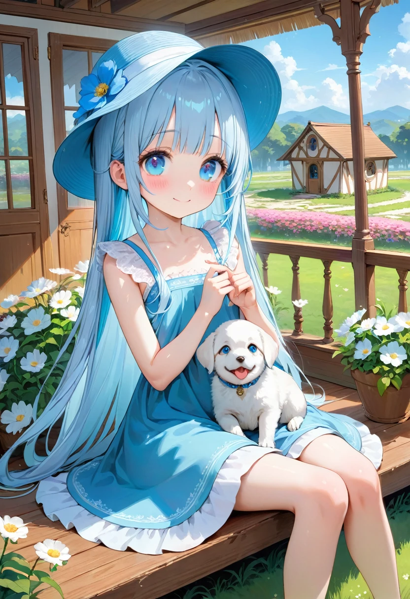 masterpiece, best quality, extremely detailed, (illustration, official art:1.1), 1 girl ,(((( light blue long hair)))), ,(((( light blue long hair)))),light blue hair, , long hair ((blush)) , cute face, big eyes, masterpiece, best quality,(((((a very delicate and beautiful girl))))),Amazing,beautiful detailed eyes,blunt bangs((((little delicate girl)))),(((tareme))),droopy eyes.(true beautiful:1.2), sense of depth,dynamic angle,,,, affectionate smile, (true beautiful:1.2),,(tiny 1girl model:1.2),)(flat chest),(((masterpiece))),(((best quality))),((ultra-detailed)),
cute,a flower house,two white dog,beauty,a girl wiht grass-hat,flowers,, veranda, very Cute clothes, a girl sitting on the veranda,