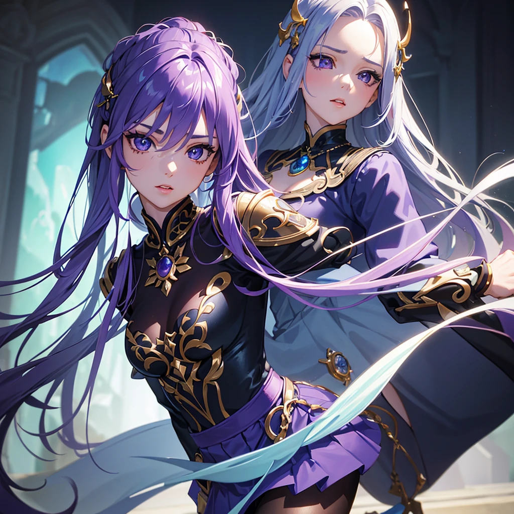detailed portrait of a girl, hip-length wavy hair with purple, purple and turquoise tips, purple eyes, wearing a blue armor-like top and a blue silk-like ducktail style skirt with gold tones, sexy black knee-high stockings, heroine outfit with a necklace (best quality,4k,8k,high resolution,masterpiece:1. 2),ultra-detailed,(realistic,photorealistic,photo-realistic:1. 37), studio lighting, extremely detailed facial features, beautiful detailed eyes, beautiful detailed eyes, beautiful detailed lips, extremely detailed face, longeyelashes, blue skirt, blue top, anime style, vibrant colors, dramatic lighting, epic heroic pose