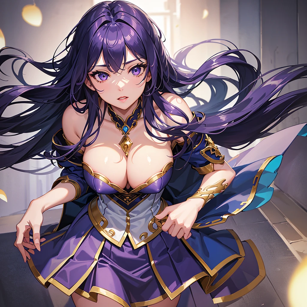 detailed portrait of a girl, hip-length wavy hair with purple, purple and turquoise tips, purple eyes, wearing a blue armor-like top and a blue silk-like ducktail style skirt with gold tones, sexy black knee-high stockings, heroine outfit with a necklace (best quality,4k,8k,high resolution,masterpiece:1. 2),ultra-detailed,(realistic,photorealistic,photo-realistic:1. 37), studio lighting, extremely detailed facial features, beautiful detailed eyes, beautiful detailed eyes, beautiful detailed lips, extremely detailed face, longeyelashes, blue skirt, blue top, anime style, vibrant colors, dramatic lighting, epic heroic pose
