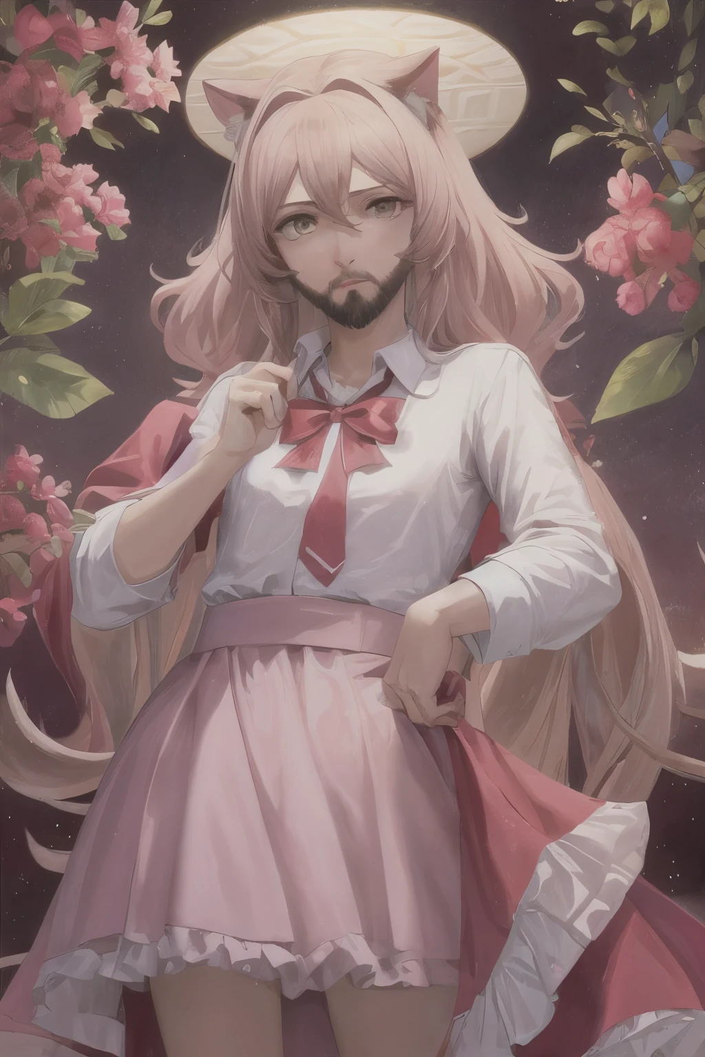 Jesus Christ is wearing a skirt, femboy Jesus, feminine Jesus, pink skirt, cat ears, boyish, well trimmed beard