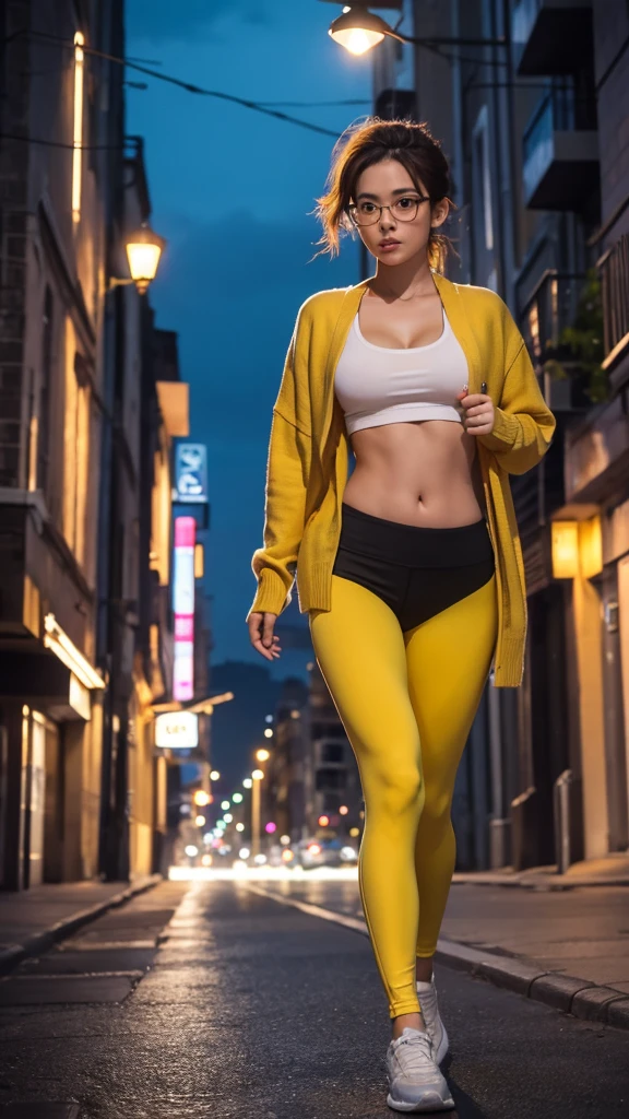 Highest quality, masterpiece, Cinema Lighting, Complex, cinematic detailed Realistic background, Detailed face, whole body, Small breasts, Realistic, Clear lines, , , A girl jogging, Cityscape, night, tie shirt, View your viewers, tattoo, Model pose, Open cardigan, Ring-shaped yellow eyes, Street lights, lamp post, Yoga pants, Split Color Hair, Glasses,, ,  