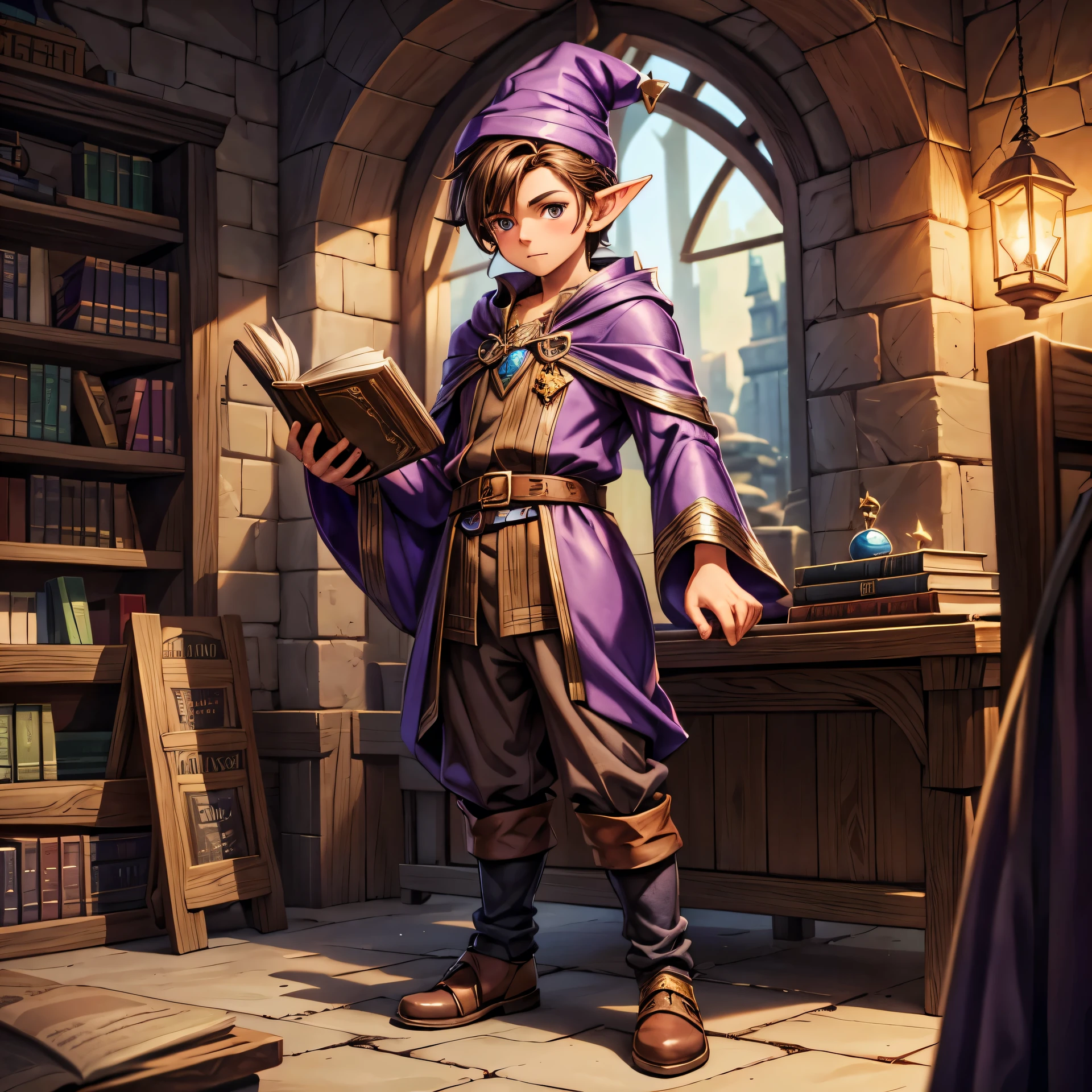 Young Gnome, Fantasy gnome, Alchemist magician, Young Sorcerer, pointy ears, Barba outfit, Brown hair, tousled hair, tunica address, purple clothes, pointed hat, sorcery book, Stubble, short stature, little, low, Simple details, anime, 4k