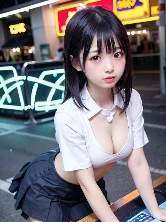 High school girl，(very young face:1.2), White collared shirt，Short navy pleated skirt，Grabbing the penis of a male customer，an adult goods shop，(midnight, Neon Light:1.3)，Erotic atmosphere，A lewd atmosphere inside the store, (fellatio:1.4)