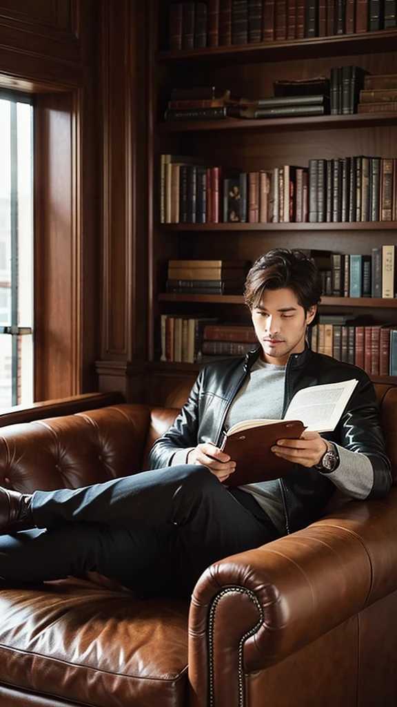A man sitting on a leather sofa and reading a book, bookshelves in the space, leather and brown books