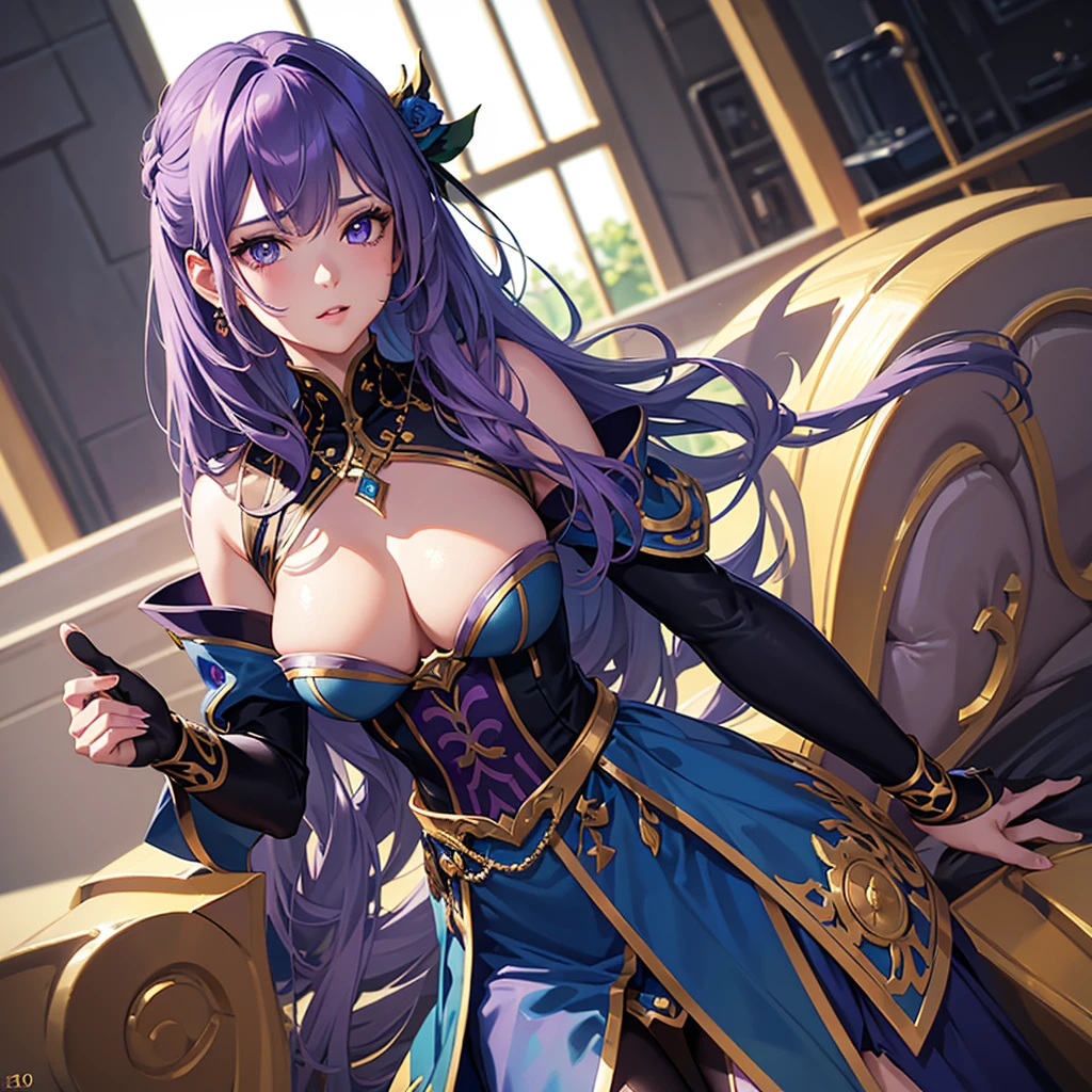 detailed portrait of a girl, hip-length wavy hair with purple, purple and turquoise tips, purple eyes, wearing a blue armor-like top and a blue silk-like ducktail style skirt with gold tones, sexy black knee-high stockings, heroine outfit with a necklace (best quality,4k,8k,high resolution,masterpiece:1. 2),ultra-detailed,(realistic,photorealistic,photo-realistic:1. 37), studio lighting, extremely detailed facial features, beautiful detailed eyes, beautiful detailed eyes, beautiful detailed lips, extremely detailed face, longeyelashes, blue skirt, blue top, anime style, vibrant colors, dramatic lighting, epic heroic pose