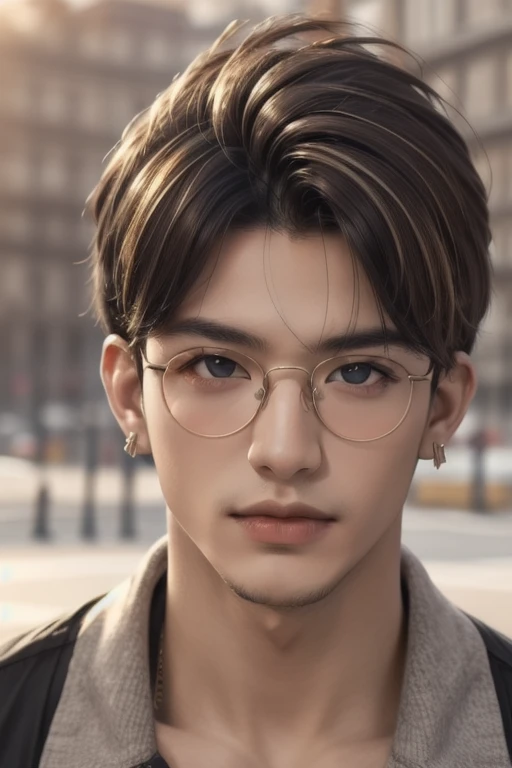 Best Quality, masterpiece, (photorealistic:1.4), 1 chico, (24 years:1.7) handsome and handsome, comfortable style clothing, Sun light, Exquisite Face, dramatic lighting, pompous lips, big gray eyes, black hair with blonde highlights, brown skin, indifferent look, with glasses, left ear piercing.