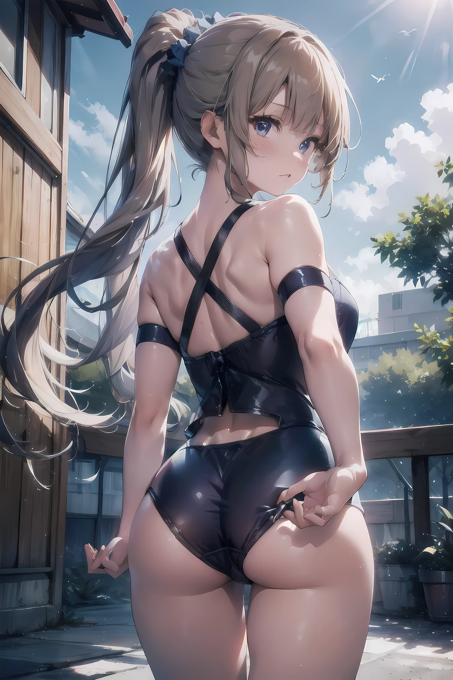 high quality、最high quality、Complete limbs、Ultra-high resolution、Sparkling eyes、Full Finger、Slender beauty、1girl, kei karuizawa, Wear a school swimsuit、Glowing Skin、Bat angle, from behind, adjusting clothes