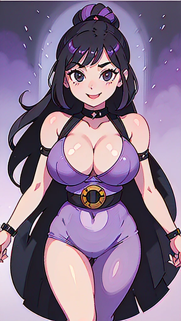 1990s, (masterpiece), high-definition, front view, detailed face, cute girl, perfect body, (big tits: 1.4) big hips, round ass, (black hair with dark purple highlights: 1.4), (happy face: 1.4), japan street background, sunset
