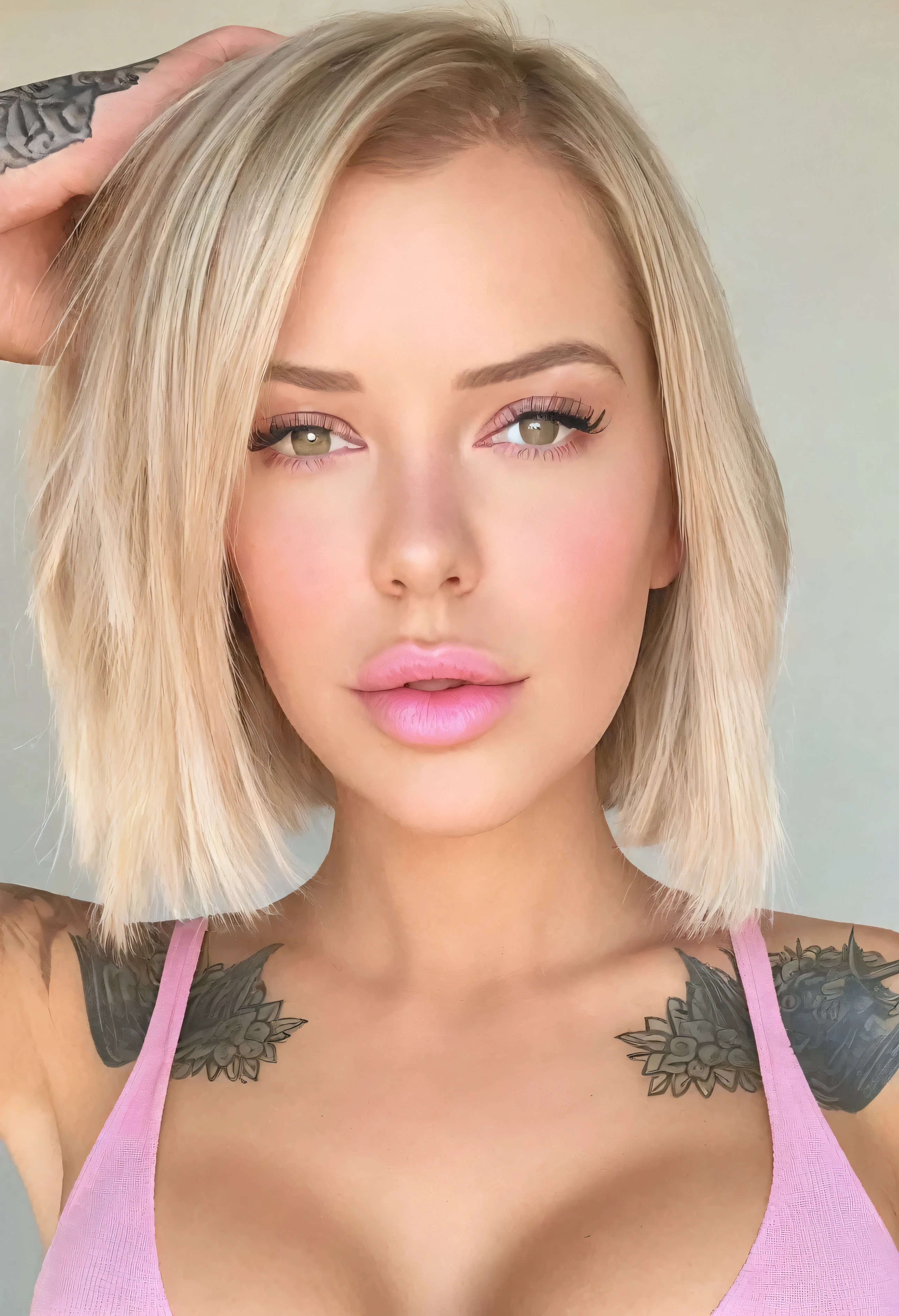 a woman with long blonde hair wearing naked, blonde swedish woman, blonde, pink lips, sexy face, instagram model laurence bedard, pink girl, dasha taran, pink face, thin light pink lips, anna nikonova aka newmilky, pink shirt, perfect face ), with (visiable hard nipples:1.5)