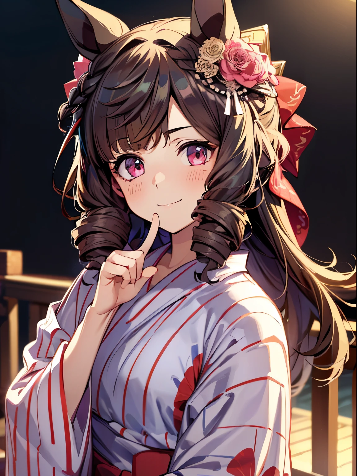 1 girl, Solo, Cute Girl,Best Quality, Ultra-detailed, 8K, High resolution, detailed face, madeon, surprised:1.2, portrait, looking at viewer, light smile, (((yukata))), horse ears, 