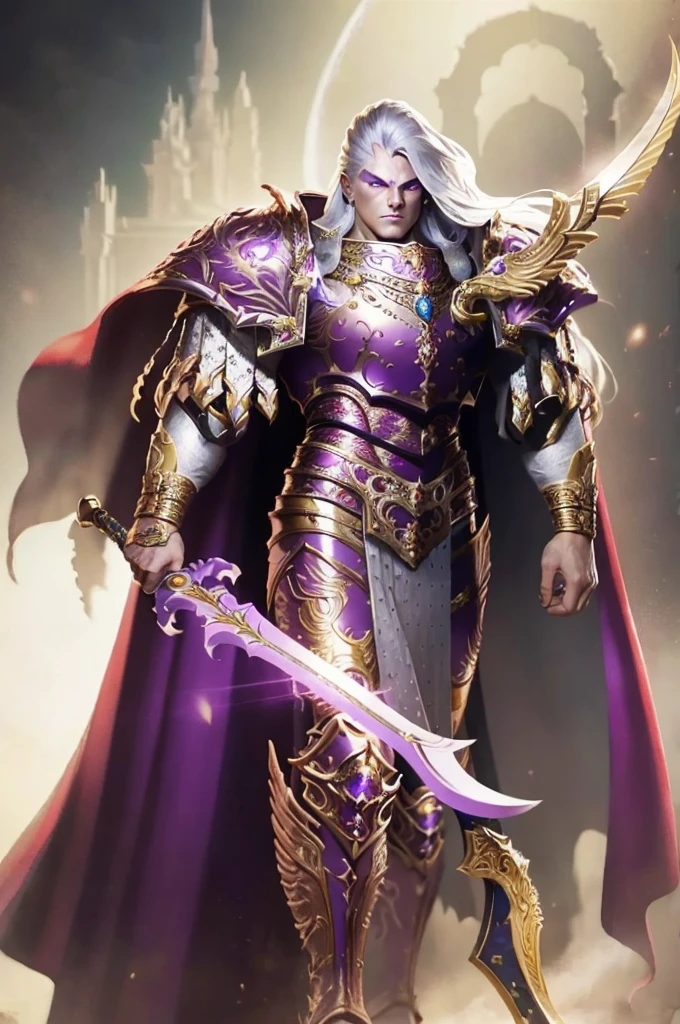 Photo of fulgrim in full armor, wearing intricate ornamented metallic armor, holding weapon, scale details, walking,
(man:1.2), heavy armor, epic, reflective metal, cape, silver trimmings, sword details, sword detail, 
upper body focus, tall stature, white hair, violet eyes, androgynous, 
 