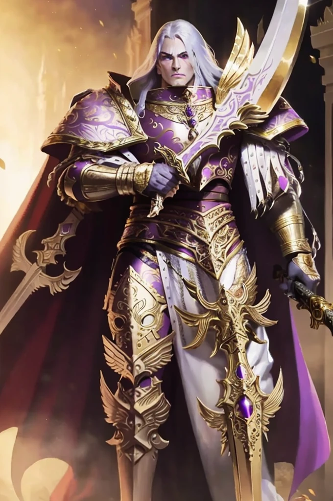 Photo of fulgrim in full armor, wearing intricate ornamented metallic armor, holding weapon, scale details, walking,
(man:1.2), heavy armor, epic, reflective metal, cape, silver trimmings, sword details, sword detail, 
upper body focus, tall stature, white hair, violet eyes, androgynous, 
 