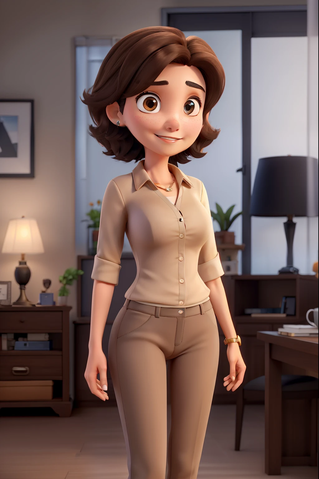 Real estate agent with short brown hair wearing beige high heels, black bra and black panties pants and aue are wearing a blue drawstring badge brown eyes