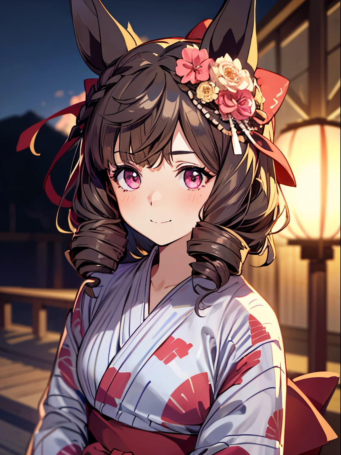 1 girl, Solo, Cute Girl,Best Quality, Ultra-detailed, 8K, High resolution, detailed face, madeon, surprised:1.2, portrait, looking at viewer, light smile, (((yukata))), horse ears, 