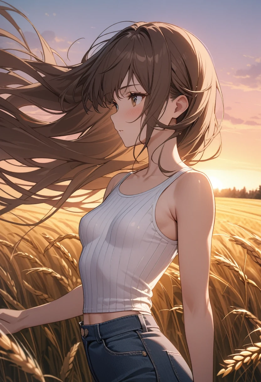 masterpiece, best quality, ultra detailed, 1girl, solo, upper body, very long brown hair, waist length hair, long hair, (small breasts:1.5), toned arms, ribbed white tank top, jean shorts, sunset, golden field, wheat field, fence, flowers, single tree, wind is blowing hard