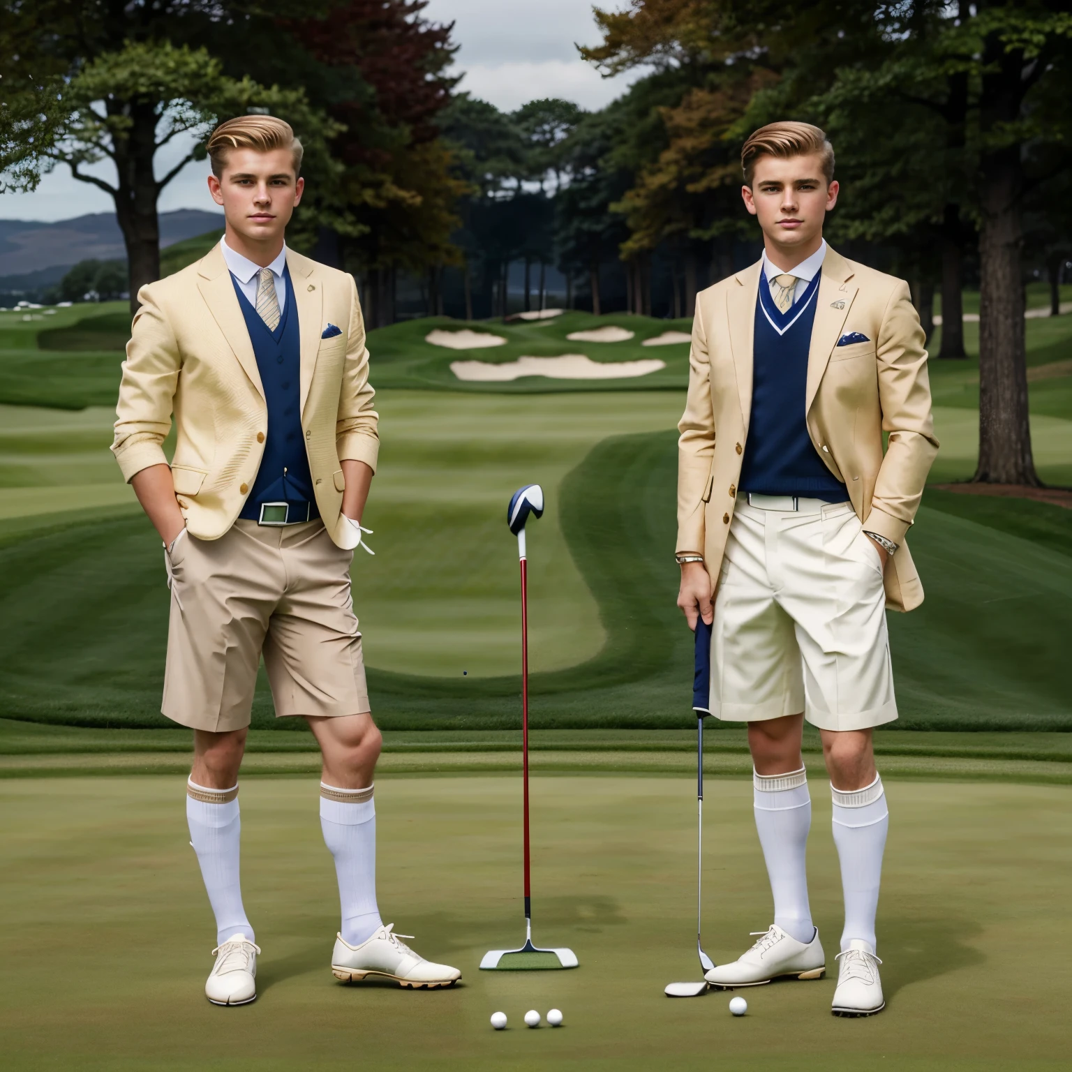 2 young different aristocratic boys with clean preppy undercut haircuts, one blonde, the other one is lohight-brown haired, wearing long white socks, golf shoes, knickerbockers, navy-blazers with embroyederies, gold signet ancient ring, playing golf in a magnificent scottish golf yard