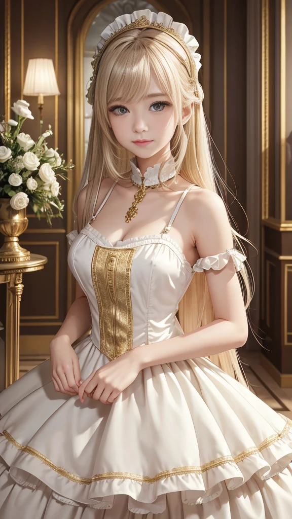 Masterpiece, best quality, Highly detailed, height, HDR,, Shobit, What is, no feelings,, 1 girl, alone, smooth, bare shoulders, chest, brown eyes, clamp (circle) (style), Platinum blonde hair, My hair is very long., Robot Ear, , Hair Tube,, maid, maid headdress, maid apron, victorian maid, maid dress,, mksks style, beautiful background, Detailed background, professional lightning, mansion, indoor, gold ornament, gold, gold effects,